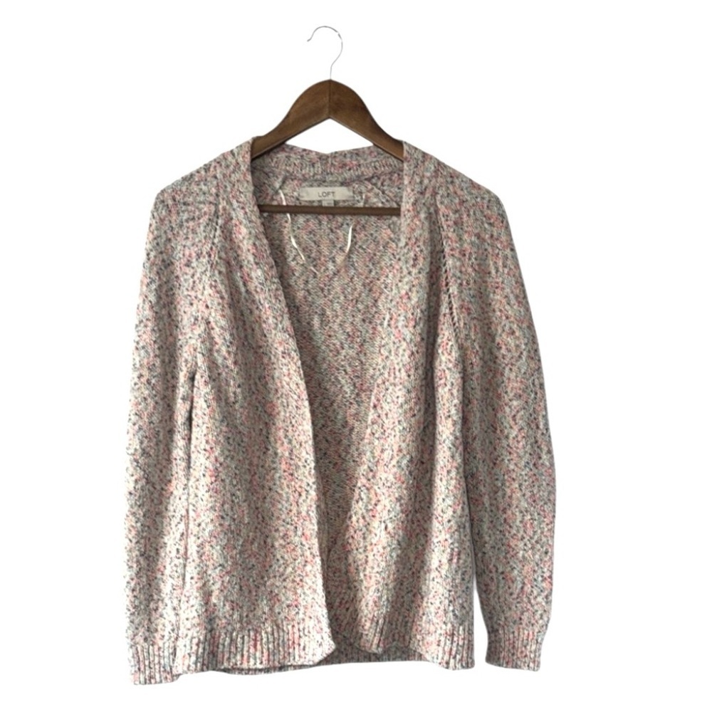 Loft Knit Cardigan Sweater Speckled Rainbow Colored Comfort Open Front Large
